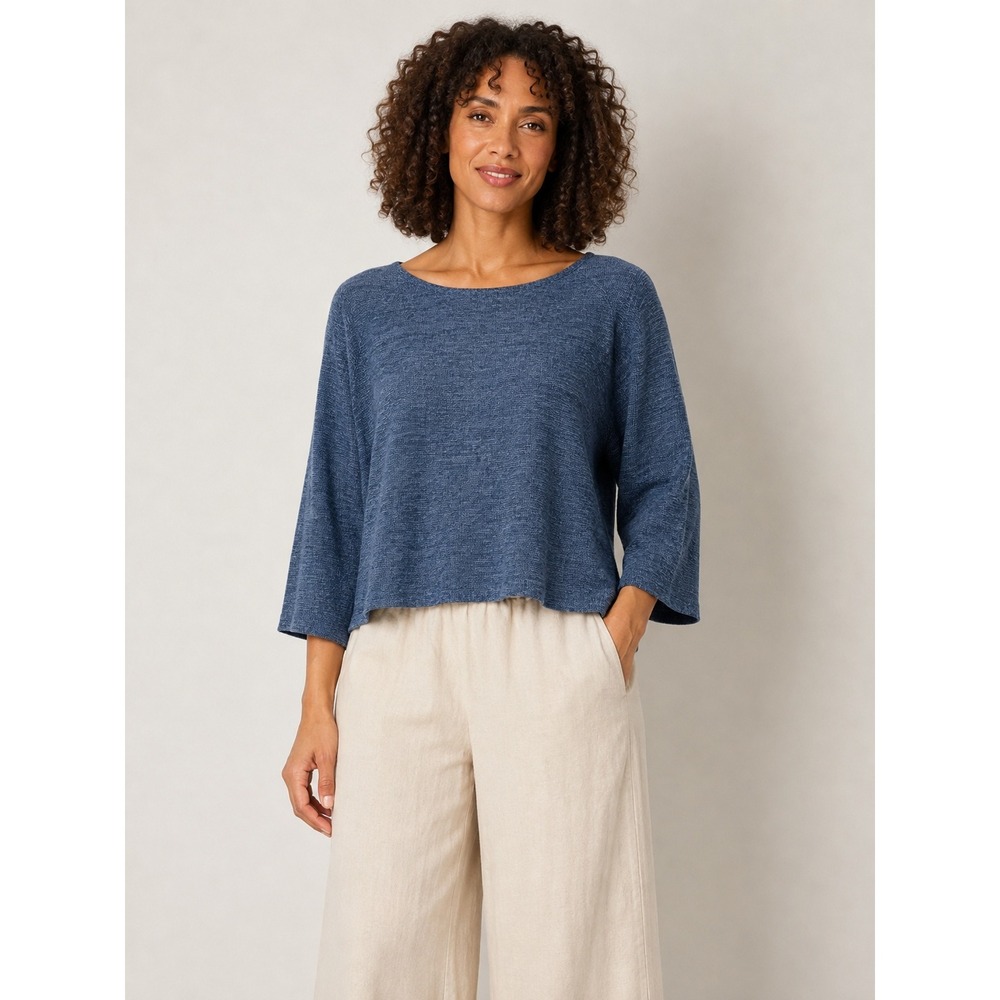 Max Studio London Knit Top Womens Medium Blue Marl 3/4 Sleeve Boxy Scoop Neck